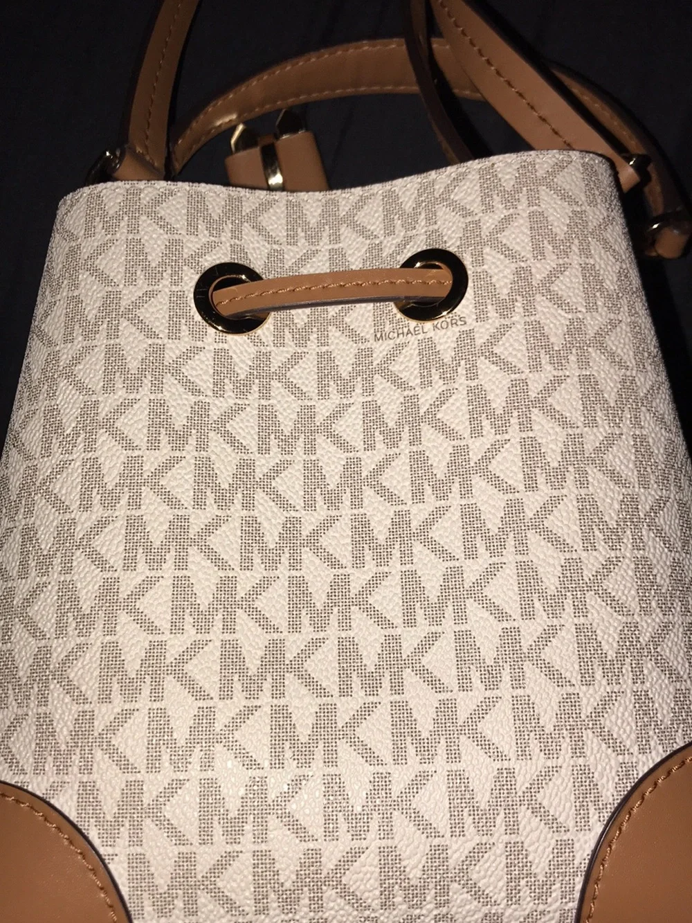 Michael Kors White & Tan Monogram Mini Drawstring Bucket Bag